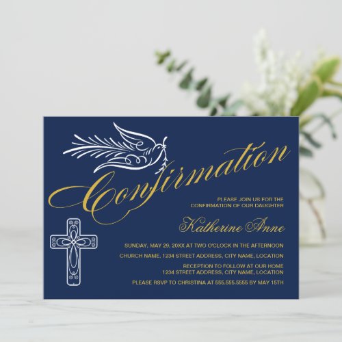 Gold Script Confirmation Text with Cross and Dove Invitation