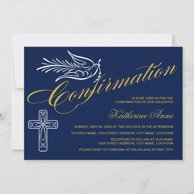 Gold Script Confirmation Text with Cross and Dove Invitation (Front)