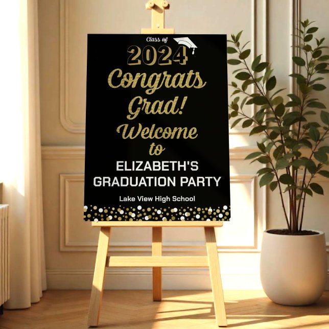 Gold Script Congrats Grad Black Welcome Sign (Creator Uploaded)