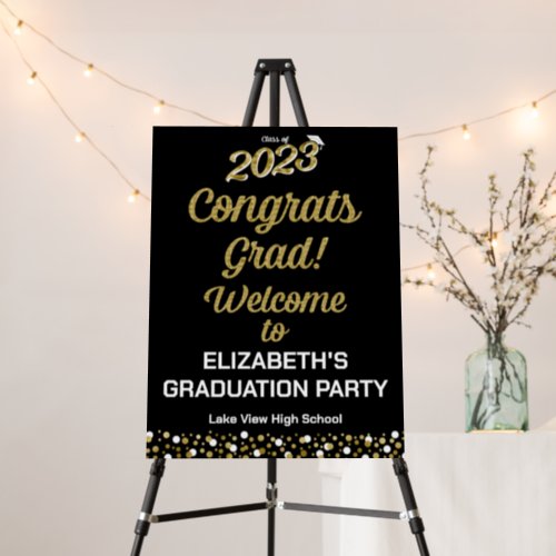 Gold Script Congrats Grad Black Welcome Sign