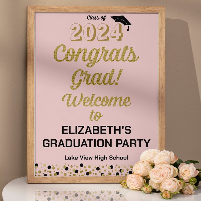 Gold Script Congrats Grad Pink Welcome Sign (Creator Uploaded)