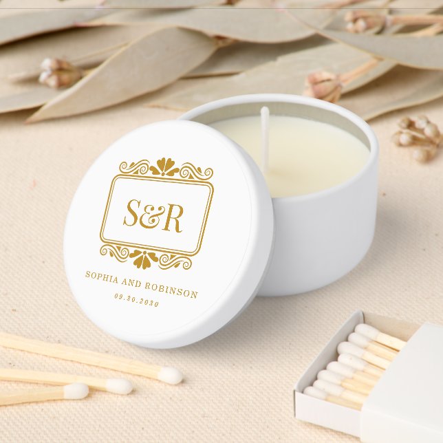Gold Script Crest Modern Monogram Wedding Mini Candle Favors (Insitu)