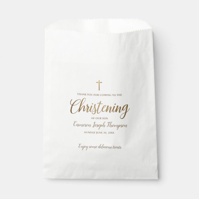 Gold Script Cross Christening Thank you Treat Favor Bag (Front)