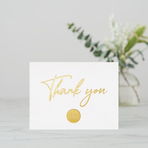 Gold Script Custom Business logo text Thank You  Foil Holiday Postcard