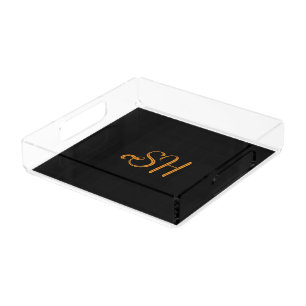 Gold script custom initials black acrylic tray