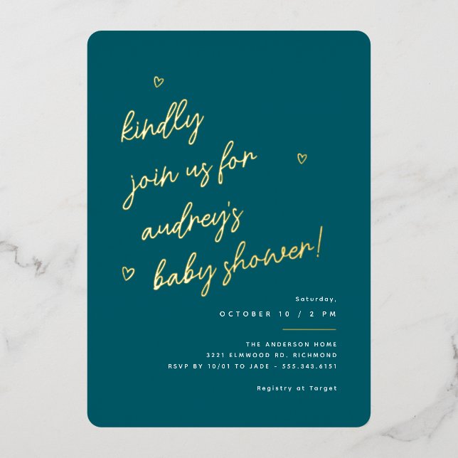 Gold Script | Dark Teal Gender Neutral Baby Shower Foil Invitation (Front)