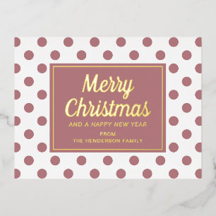 Gold Script Dusty Pink Polka Dots Merry Christmas Foil Holiday Postcard