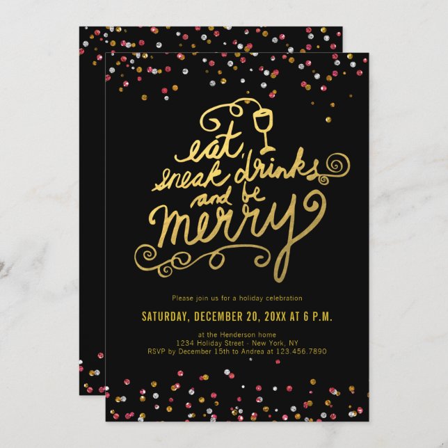 Gold Script Eat Drink Merry Confetti Holiday Party Invitation (Front/Back)