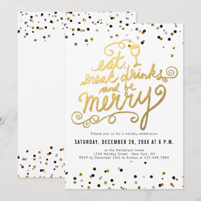 Gold Script Eat Drink Merry Confetti Holiday Party Invitation (Front/Back)