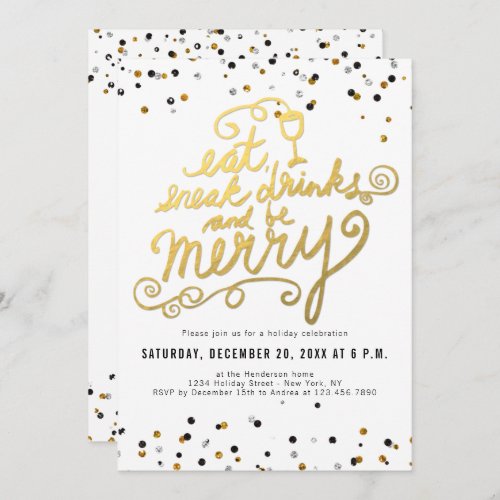 Gold Script Eat Drink Merry Confetti Holiday Party Invitation