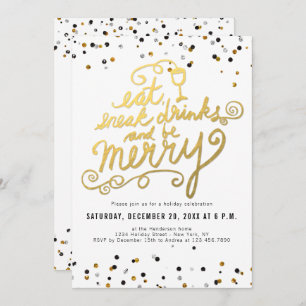 Gold Script Eat Drink Merry Confetti Holiday Party Invitation