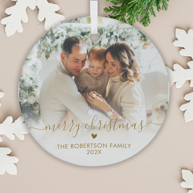 Gold Script Elegant Family Photo Merry Christmas   Glass Ornament (Creator Uploaded)