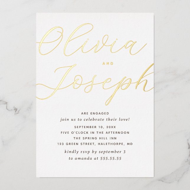 Gold Script Engagement Party | Minimalist Photo Foil Invitation (Front)