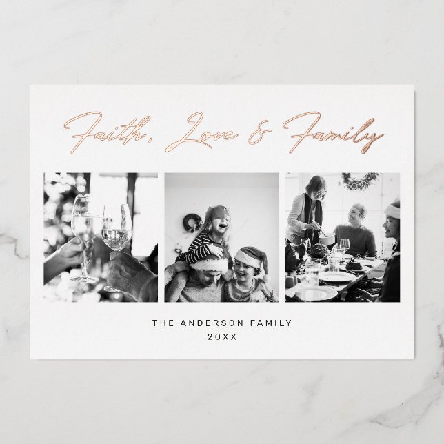 Gold Script Faith, Love & Family Christmas Photo Foil Holiday Card (Front)