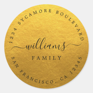 Gold Script Family Return Address Classic Round Sticker