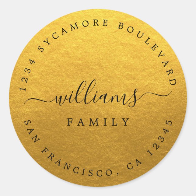 Gold Script Family Return Address Classic Round Sticker (Front)