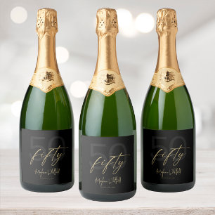 Gold Script Fifty Modern Black 50th Birthday Party Sparkling Wine Label