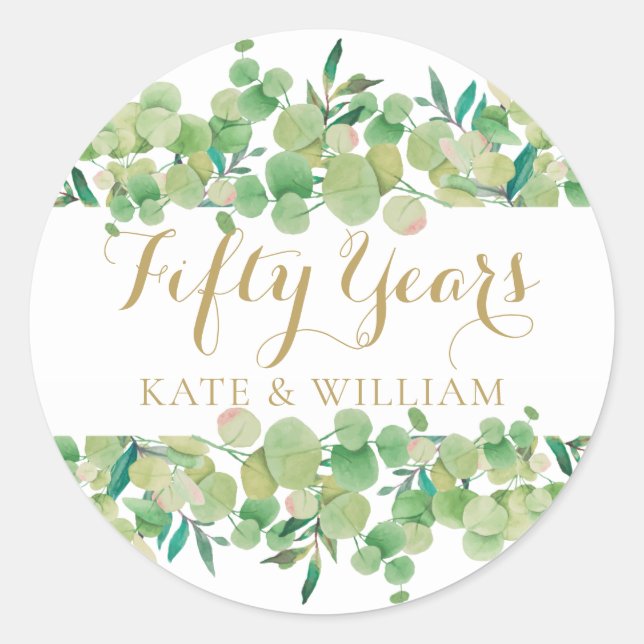 Gold Script Fifty Years 50th Wedding Anniversary Classic Round Sticker (Front)