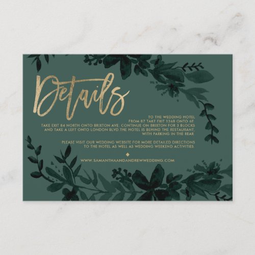 Gold script Floral deep green wedding direction Enclosure Card