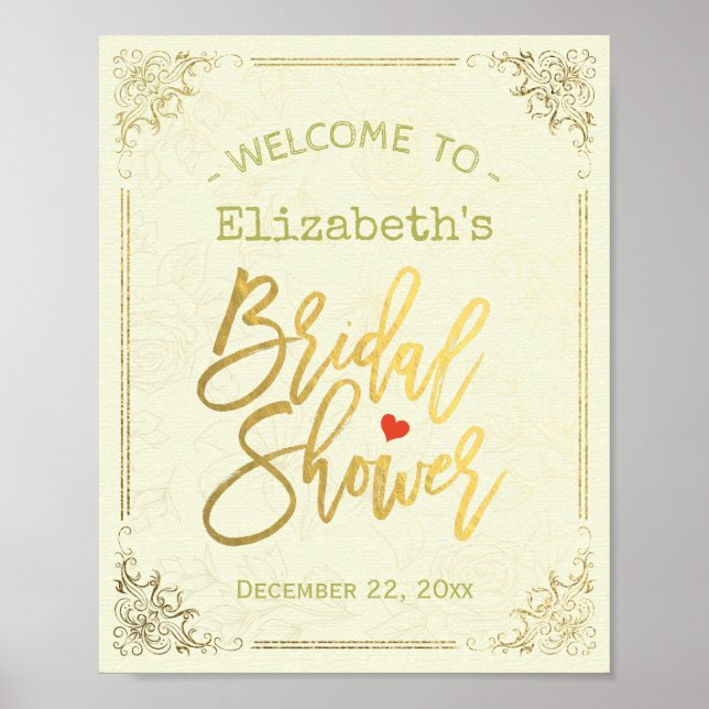 Gold Script Floral Frame Bridal Shower Welcome Poster (Front)
