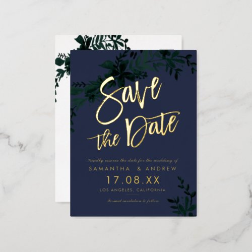 gold script Floral green blue save the date Foil Invitation Postcard