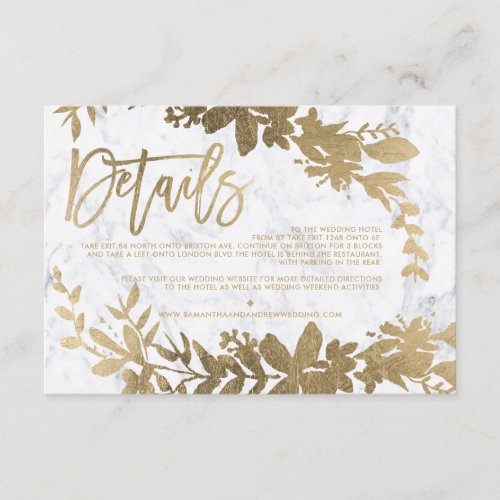 Gold script floral white marble wedding direction enclosure card