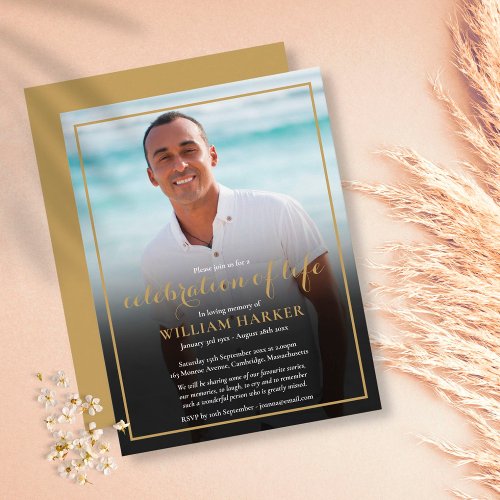 Gold Script Funeral Photo Invitation Postcard