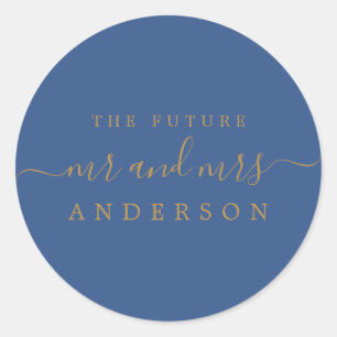 Gold Script Future Mr Mrs Classic Blue Wedding Round Sticker