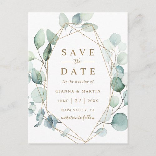 Gold Script Geometric Green Wedding Save the Date Announcement Postcard