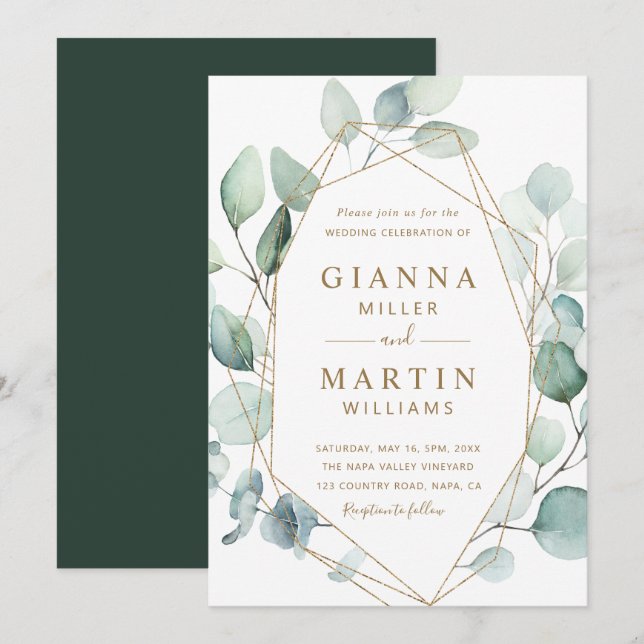 Gold Script Geometric Greenery Foliage Wedding Invitation (Front/Back)