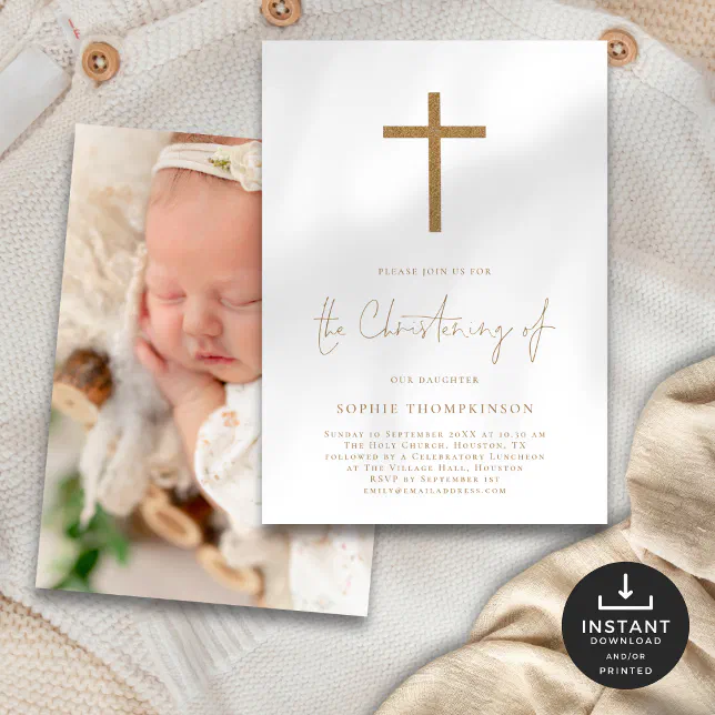 Gold Script Glitter Cross Photo Christening Invitation | Zazzle
