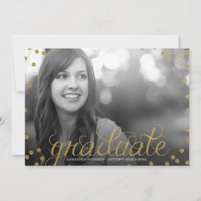 Gold Script Glitter Look Photo Graduation Invite (Front)