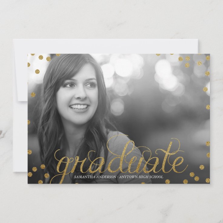 Gold Script Glitter Look Photo Graduation Invite | Zazzle