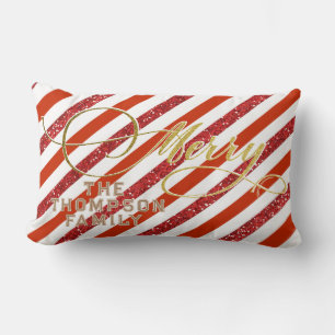 Gold Script Glitter Red White Family Christmas Lumbar Pillow