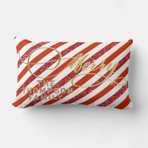 Gold Script Glitter Red White Family Christmas Lumbar Pillow