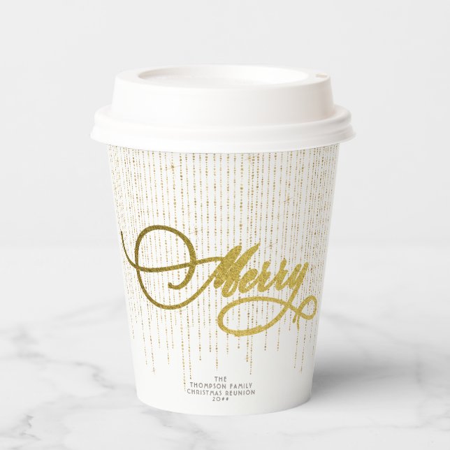 Gold Script Glitter Red White Family Christmas Paper Cups (Front)