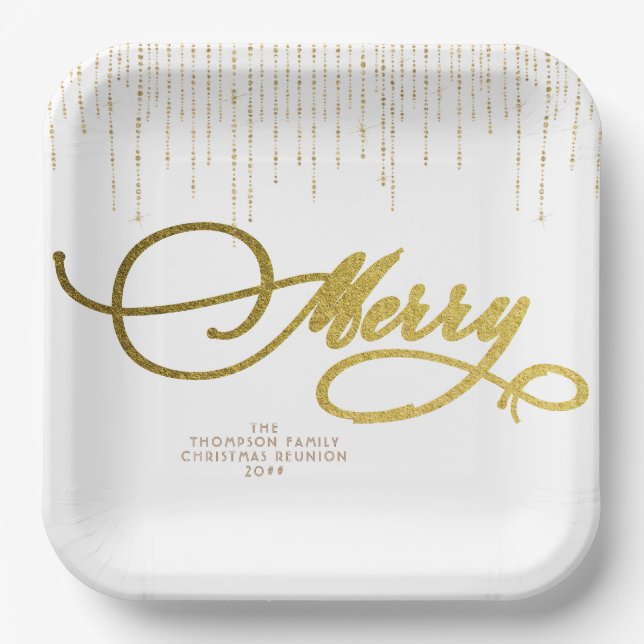 Gold Script Glitter Red White Family Christmas Paper Plates (Front)