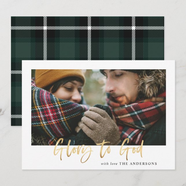 Gold script glory to god green tartan photo holiday card (Front/Back)