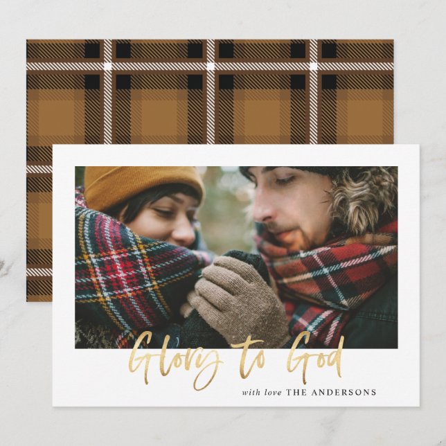 Gold script glory to god mustard tartan photo holiday card (Front/Back)