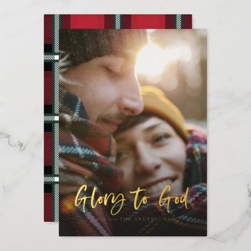 Gold script glory to god red tartan photo  foil holiday card