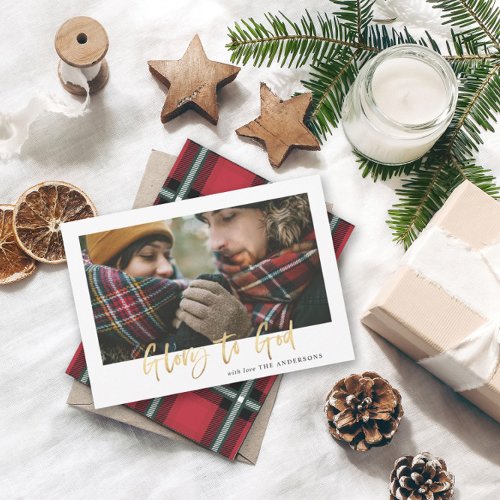 Gold script glory to god red tartan photo holiday card