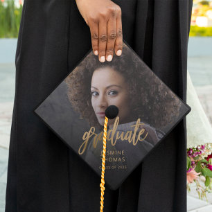 Gold Script Graduate Custom Photo Class of 2025 Graduation Cap Topper