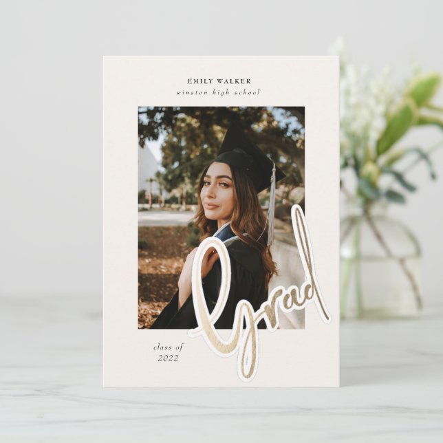 gold script graduation announcement photo card (Standing Front)