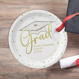 Gold Script Graduation Cap Class of Party Decor Paper Plates