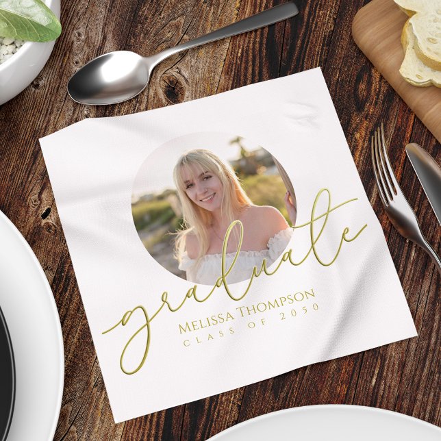 Gold Script Graduation Party Photo Custom Napkins (Graduation gold script custom photo napkin.)