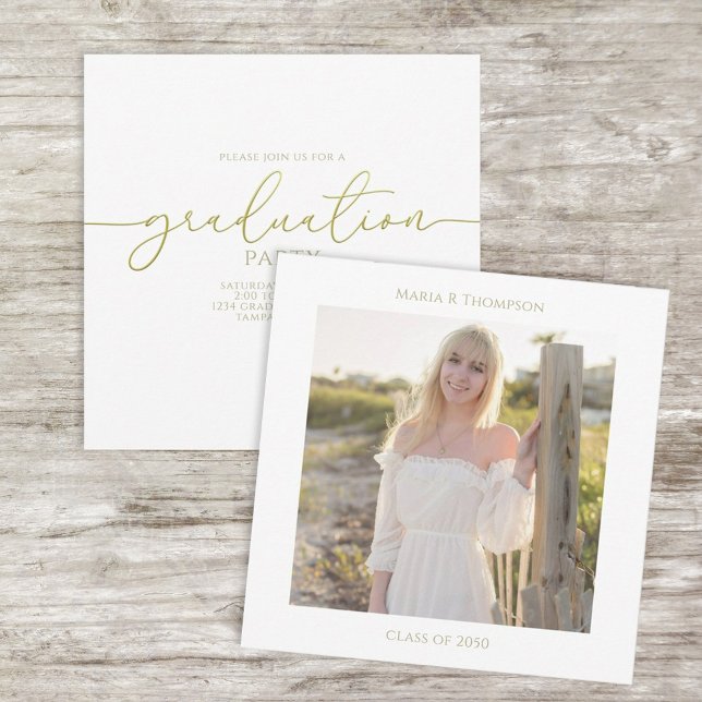 Gold Script Graduation Party Photo Template (Class of 2026 graduation party photo card with gold script accents.)