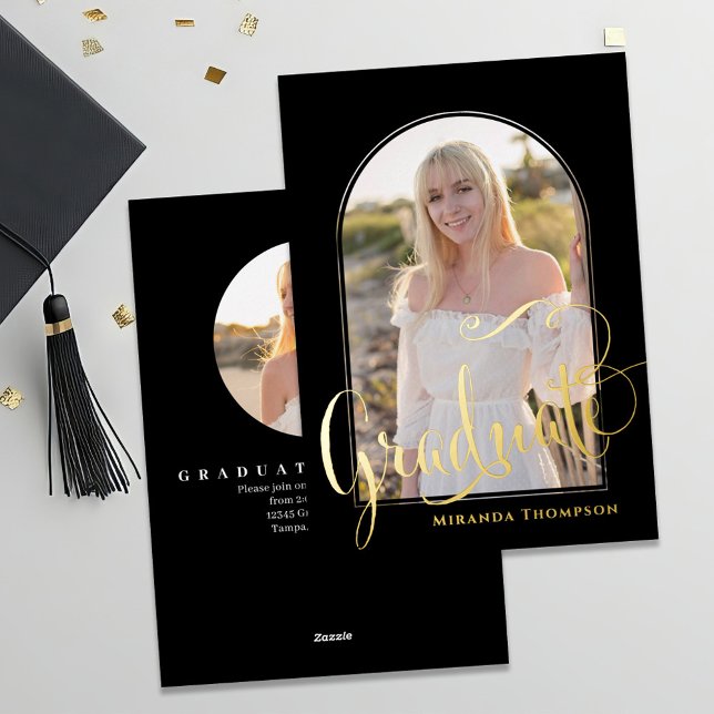 Gold Script Graduation Photo Announcement Modern C (Gold foil graduation photo invitation announcement card template. )