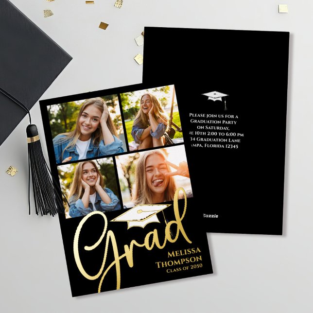Gold Script Graduation Photo Collage Announcement  (Graduation photo collage gold foil invitation announcement. )