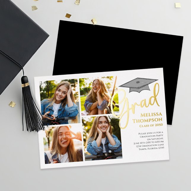Gold Script Graduation Photo Collage Announcement  (Gold script graduation photo collage template foil invitation announcement)
