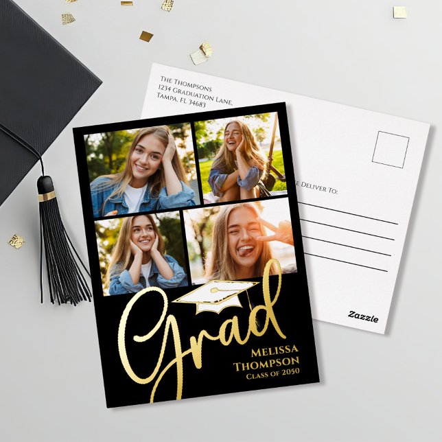 Gold Script Graduation Photo Collage Invitation C  (Graduation multi photo collage template postcard.)
